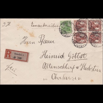Germania: Einschreibebrief von Dresden nach Altenschlirf Herbstein 1921