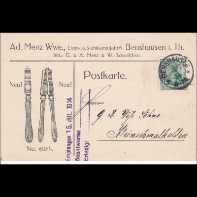 Germania: Postkarte Eisen- und Stahlwaren Benshausen 1914
