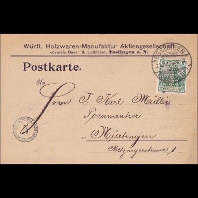 Germania: Postkarte von Esslingen nach Nürtingen 1910, Perfin