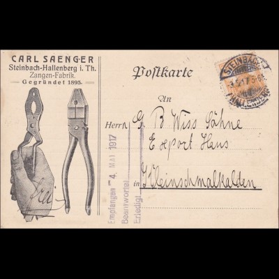 Germania: Postkarte Steinbach-Hallenberg Thüringen nach Kleinschmalkalden 1917