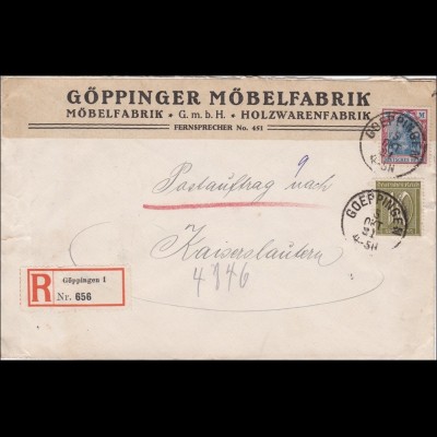 Inflation: Brief Göppinger Möbelfabrik, Einschreiben nach Kaiserslautern 5.10.21