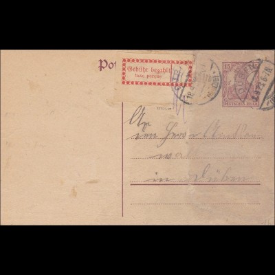 Inflation: Ganzsache mit Gebühr Bezahlt von Düben 18.9.1923, Infla geprüft