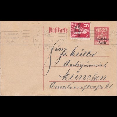 Inflation: Ganzsache von Bamberg nach München - Werbung Postscheckkonto - 1920