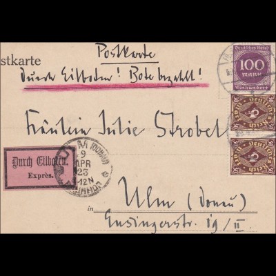 Inflation: Postkarte nach Ulm per Eilboten - Redaktion Simplicisimus 9.4.1923