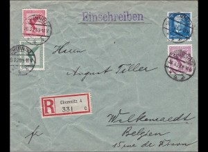 Weimar: Brief Einschreiben von Chemnitz nach Belgien 1928