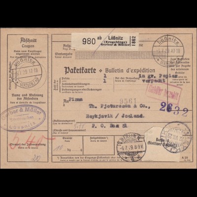 Weimar: Paketkarte von Lößnitz nach Reykjavik / Island 1929