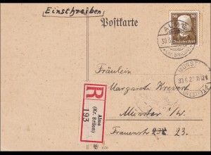 Weimar: Postkarte als Einschreiben von Alme nach Münster 1928