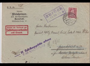Zustellungsurkunde Darmstadt nach Frankfurt 1928: ZUSTELLGEBÜHR ERSTATTET !!!!