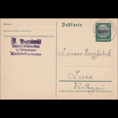 III. Reich:Ganzsache von Kirchdorf /Wolfstein/Posen nach Lissa im Warthegau 1940