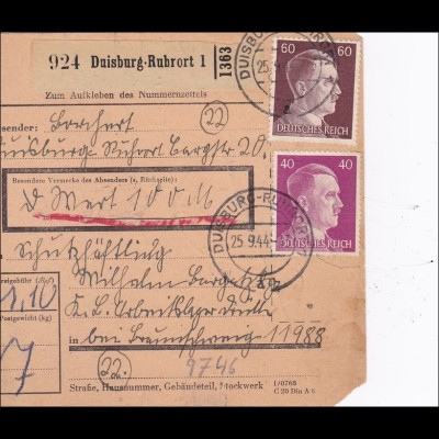 III. Reich: Paketkarte Duisburg-Rubrort an Schutzhäftling KL-Arbeitslager Drütte