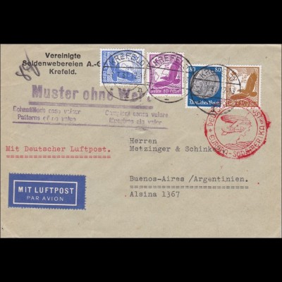III. Reich: Muster ohne Wert, Luftpost von Krefeld nach Argentinien 1937