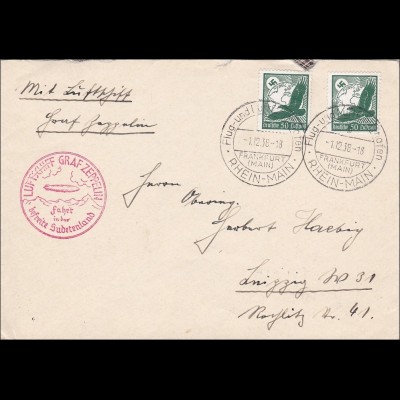 III. Reich: Brief mit Luftschiff ins Sudetenland 1938 nach Leipzig