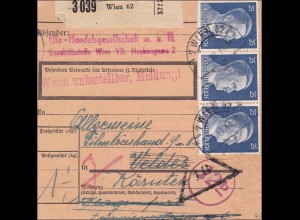 III. Reich: Paketkarte von Wien nach Velden 1944 MeF