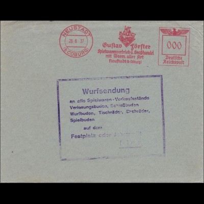 III. Reich: WURFSENDUNG von Neustadt/Coburg frankiert mit 000 Freistempel 1937
