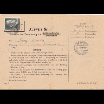 III. Reich: Ausweis Dauerbezug der Marken von der Versandstelle Garding 1944
