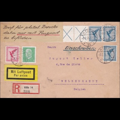 Einschreiben Luftpost von Köln nach Welkenraedt in Belgien 1931