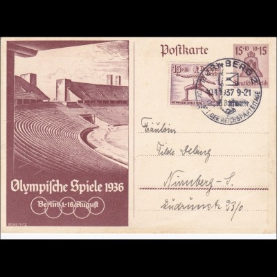 Ganzsache III. Reich, Olympiade 1936, nach Nürnberg