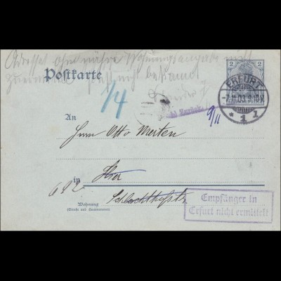 Ganzsache Germania 1903 von Erfurt, Empfänger nicht ermittelt