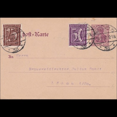 Ganzsache Germania 1922 von Berlin nach Löbau i/Sa. - Brauereidirektor