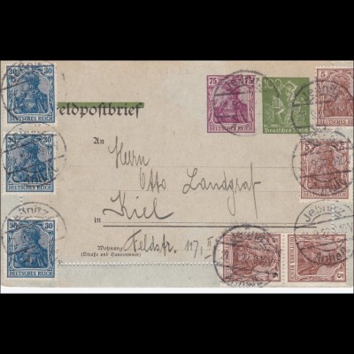 Ganzsache Feldpostbrief Germania, Jeßnitz 1922 nach Kiel
