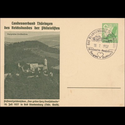 Ganzsache LV ThüringerPhilatelisten 1937 Bad Blankenburg, Sonderstempel gr. Herz