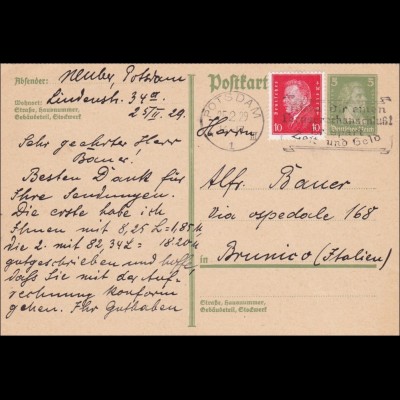 Ganzsache von Postsdam nach Italien 1929