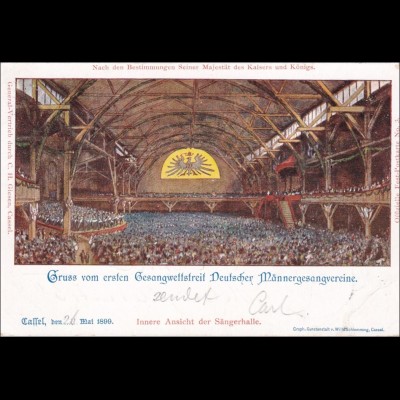Ganzsache Gruss vom 1. Gesang Wettstreit 1899 Sängerhalle Cassel/Kassel, 