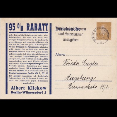 Ganzsache mit Angebot Marken Albert Klickow Wilmersdorf nach Augsburg 1929