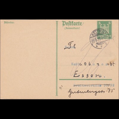 Ganzsache: P163 IA von Kettwig nach Essen 1926 - Antwort