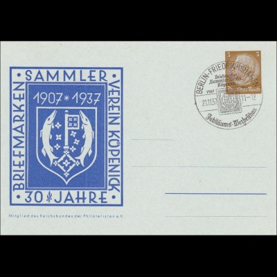 Ganzsache: 30 Jahre Briefmarken Sammler Verein Köpenik 1937, Sonderstempel