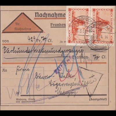 Saargebiet:Paketkarte Saarbrücken 1931; MiNr. 143 MeF