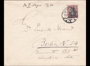 Saargebiet: 1920 Germania von Saarbrücken nach Berlin: DOPPELVERWENDUNG