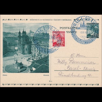 B&M: Ganzsache mit Sonderstempel Prag nach Basel 1940