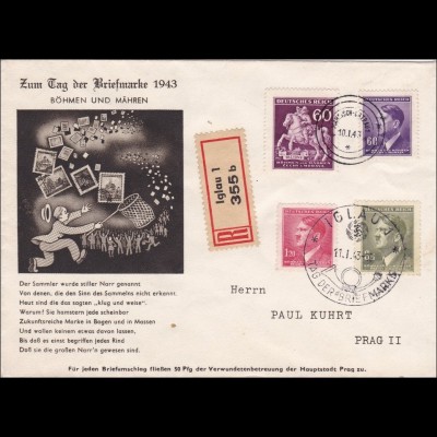 B&M: Tag der Briefmarke 1943, Einschreiben nach Prag von Iglau