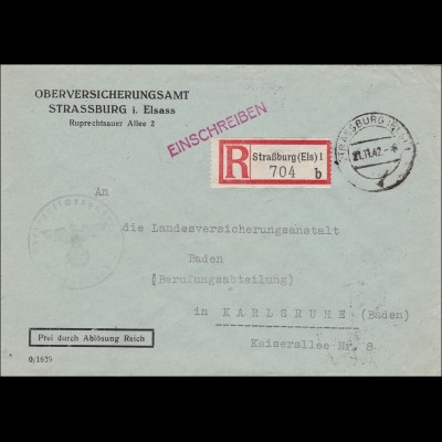 Oberversicherungsamt Strassburg im Elsass nach Karlsruhe 1942