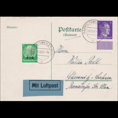 Elsass: Antwortkarte Luftpost Rappoltsweiler nach Chemnitz 1941