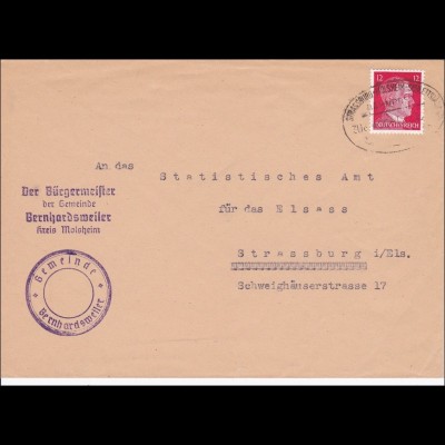 Elsass: Brief aus Berhardsweiler-Bürgermeister-nach Strassburg mit Bahnpost 1943