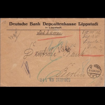Gebühr bezahlt: Wertbrief aus Lippstadt nach Berlin 1923