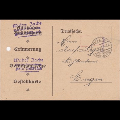 Gebühr bezahlt:Drucksache mit Lochung von Cöln 1923,Spielkartenfabrik, Altenburg