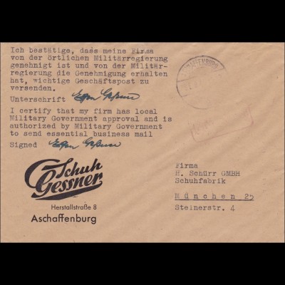 Gebühr bezahlt: Aschaffenburg 1945 nach München, von Militärregierung genehmigt