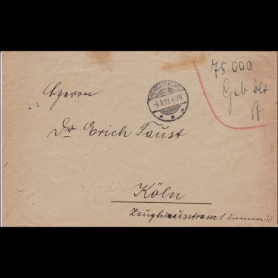 Gebühr bezahlt: Brief aus Weissenthurm 1923 nach Köln