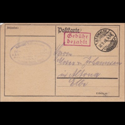 Gebühr bezahlt: Postkarte von Bärwalde 1923 nach Altona