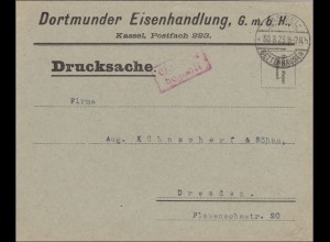 Gebühr bezahlt: Brief Drucksache von Kassel nach Dresden 1923