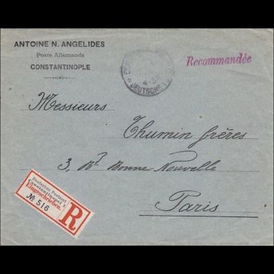 Türkei: Einschreiben Brief Deutsches Postamt Constantinopel nach Paris 1904