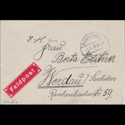 KDJA-Klein Asien, Brief eines Telegraphisten nach Werdau 1918 FELDPOST