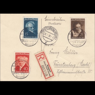 Danzig: Postkarte als Einschreiben von Zoppot nach Fürstenberg 1938