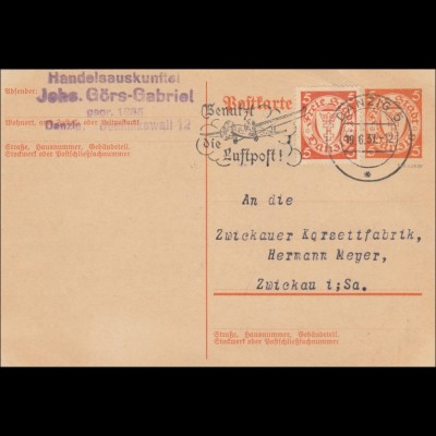 Danzig: Ganzsache 1937 nach Zwickau