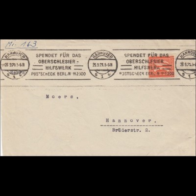 Oberschlesien: Hannover 1921 mit Werbestempel für Oberschlesier Hilfswerk