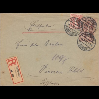 Oberschlesien: Einschreiben von Kattowitz 1920 nach Viersen