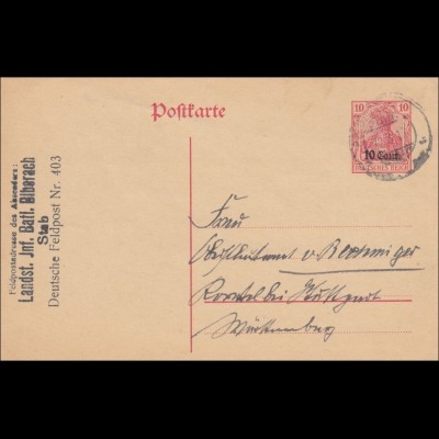 Belgien: Ganzsache Feldpostadresse Biberach nach Stuttgart 1917